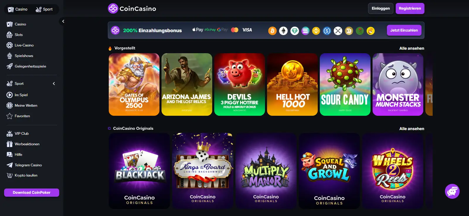 Deutschsprachige Navigation der CoinCasino-Webseite mit Bereichen für Sport und Hilfe