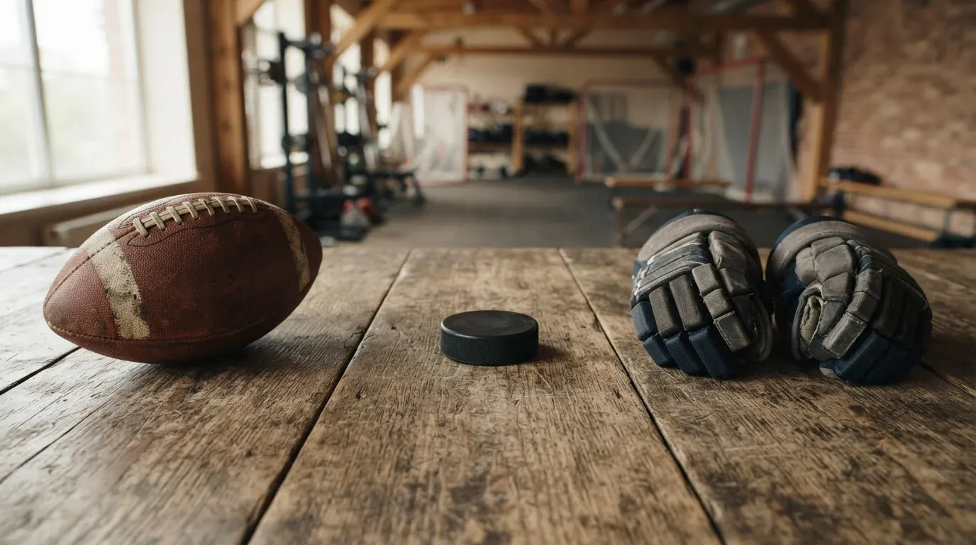 Fußball, Tennisball und weiteres Sportgerät auf einem Holztisch