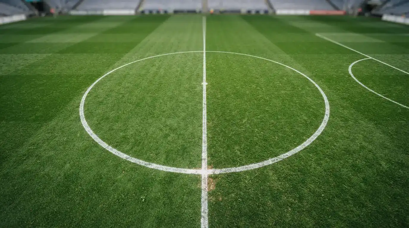 Fußballfeld von oben mit klar erkennbaren Strafräumen, Mittellinie und Torbereichen