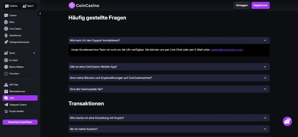 Deutschsprachiger Hilfeabschnitt von CoinCasino mit Angaben zum Kundenkontakt