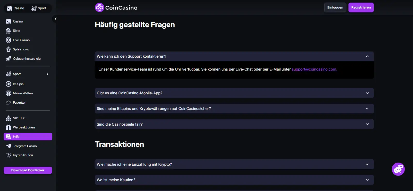 Deutschsprachiger Hilfeabschnitt von CoinCasino mit Angaben zum Kundenkontakt