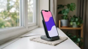 Mobiltelefon auf einer schlichten Ladestation neben einem aufgeräumten Tisch