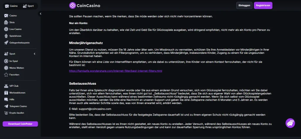 Deutschsprachiger CoinCasino-Abschnitt zu freiwilligem Selbstausschluss vom Glücksspiel