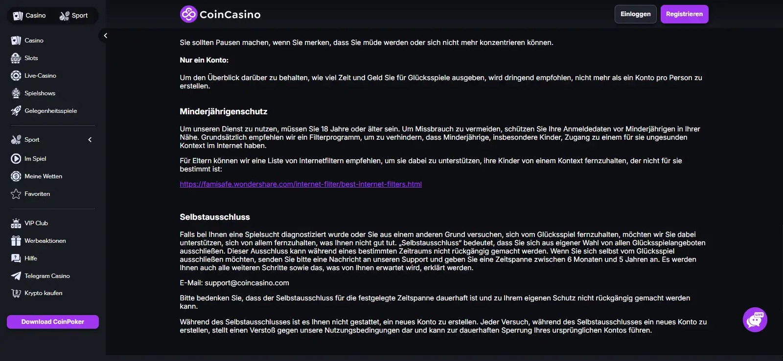 Deutschsprachiger CoinCasino-Abschnitt zu freiwilligem Selbstausschluss vom Glücksspiel