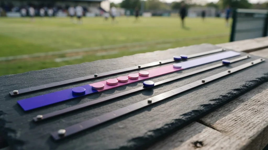 Gezeichnete Zeitleiste eines Fußballspiels mit farbigen Markierungen für Spielphasen