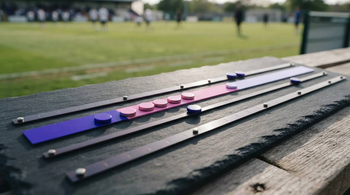 Gezeichnete Zeitleiste eines Fußballspiels mit farbigen Markierungen für Spielphasen
