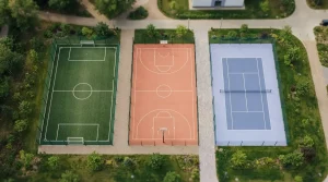 Drei Sportflächen aus der Vogelperspektive mit Fußballfeld, Basketballfeld und Tennisplatz